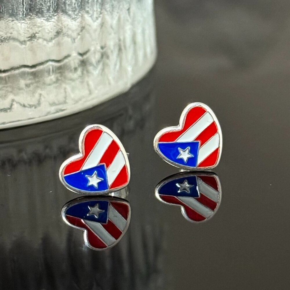 Puerto Rico Flag Heart Earrings S925 Sterling Silver Stud Earrings Handmade